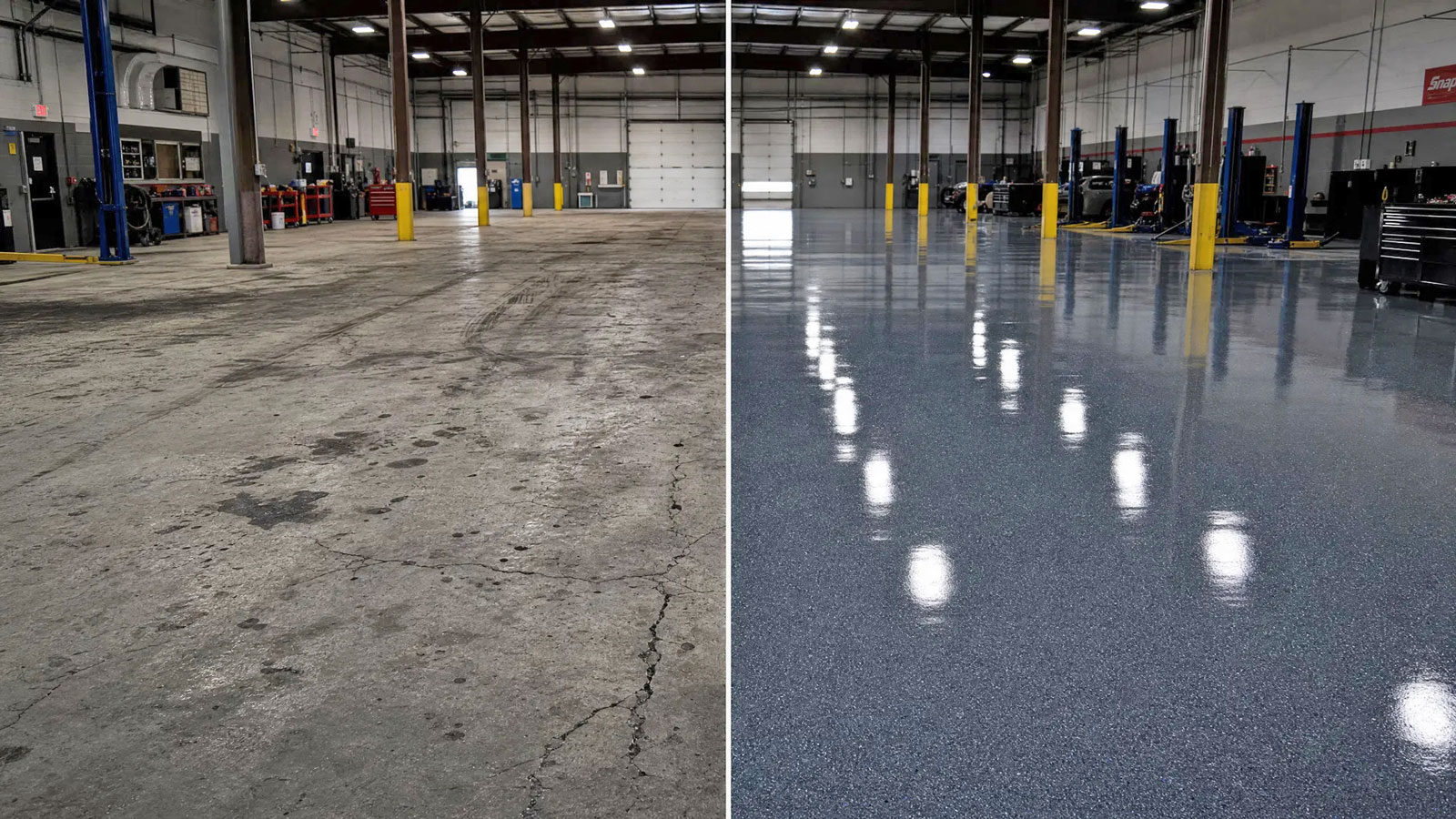 Commercial floor coating before and after — auto shop in Daytona Beach FL